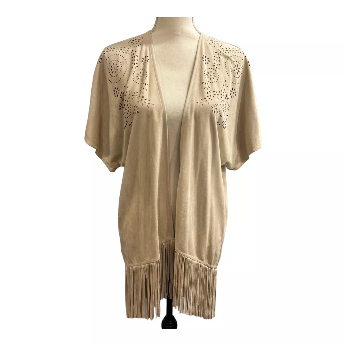 Honey Belle Womens S Faux Suede Cardigan Fringe Laser Cut Boho Tan Western Long