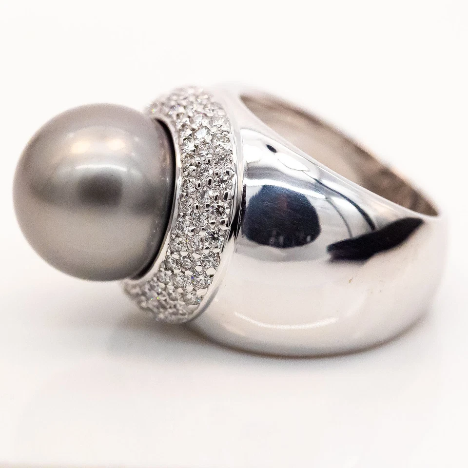 Bague 18K/750 Or Blanc Perle De Tahiti Diamants Taille 52 20g - Valeur 10.000€ - Photo 2/3