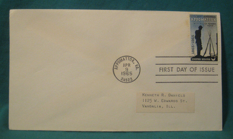 First Day of Issue-5c Appomattox-Civil War Centennial-#1182-Addressed-No Cachet