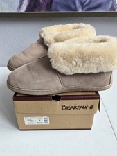 Bearpaw Traditional Women's Suede Bootie Slippers Faux Fur Lined Beige 7