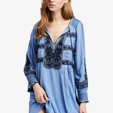 Free People Wind Willow Boho Blue Embroidered Mini Sundress Dress Size S