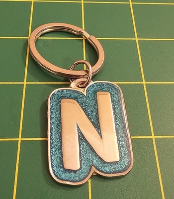 Letter ''N'' Keychain Silver Tone Blue Sparkle Enamel Alphabet Initial Key, B3b6