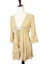 Blue Island Yellow White Striped Tiered Mini Dress Boho Coastal Medium