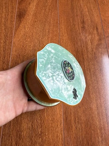 1930s Celluloid Art Deco Amber Blue Floral Powder Vanity/Trinket Box “Pyralin”
