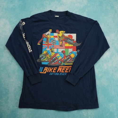 Vintage 1985 Daytona Beach Bike Week T-Shirt Navy Motorcycle Graphic Long Sleev
