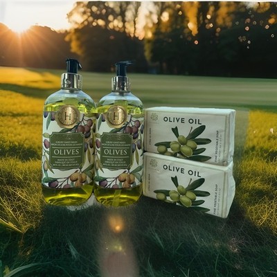   4 PACK~ 2 HOPIFICIO OLIVES  LUXURY HAND WASH & 2 ALCHIMIA OLIVE OIL BAR SOAP
