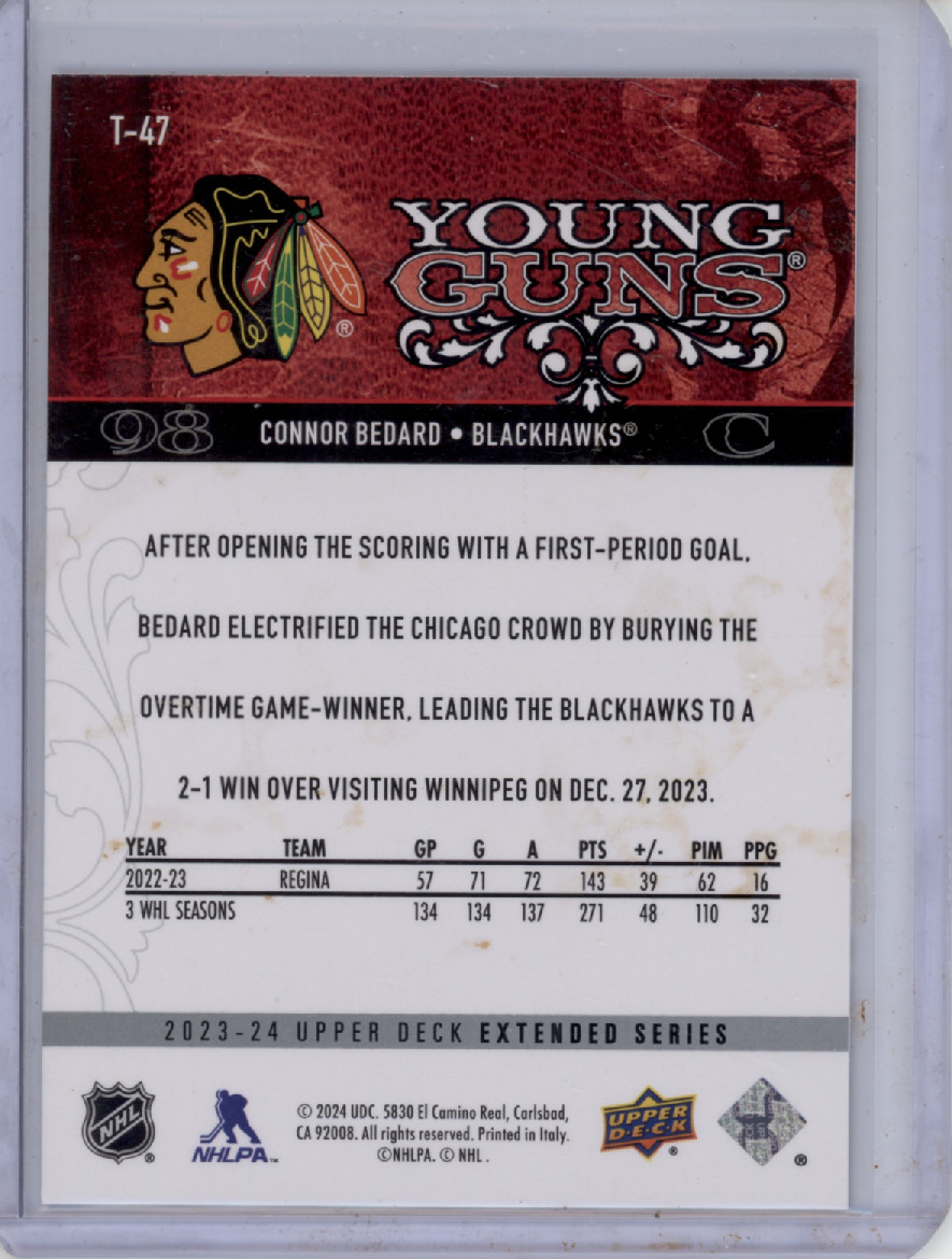 2023-24 Extended Series Connor Bedard Young Guns Retro Rookie #T-47 RC view 2