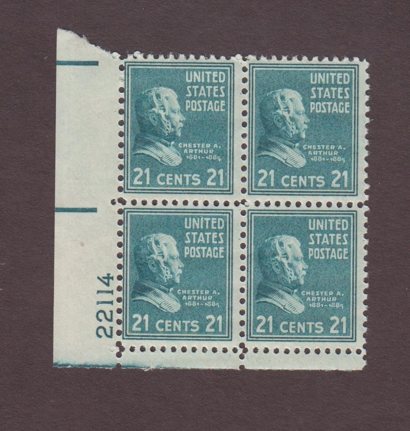 US, 826, ARTHUR, MINT NH, VF, 1938 PRESIDENTIAL, PREXIE PLATE BLOCK