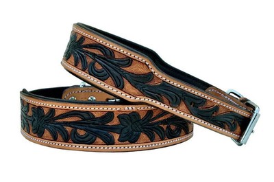 Leather Padded Handmade Dog Collar Heavy Duty Floral Tooled/Painted Collar .
