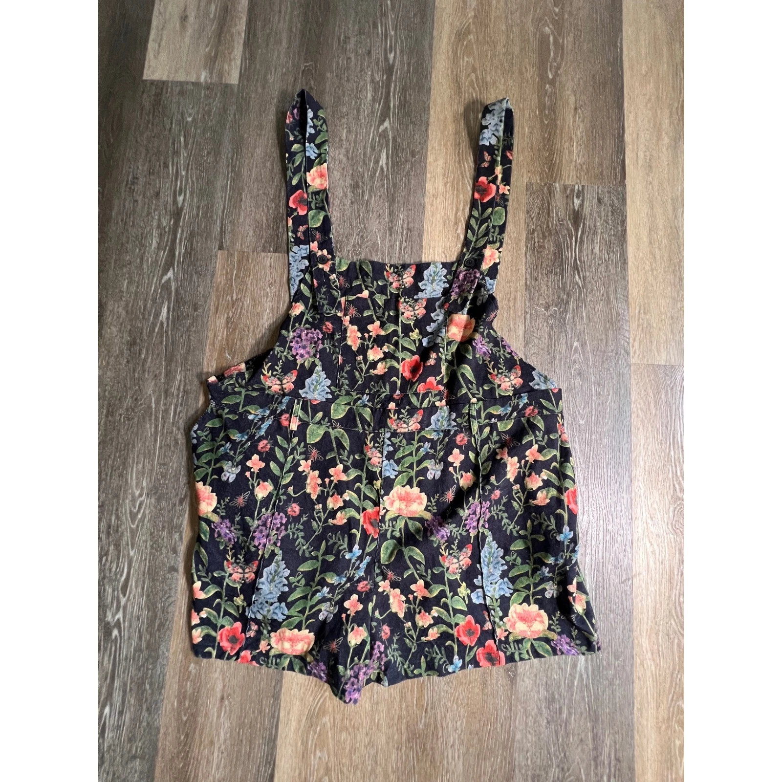 Cider Floral Corduroy Romper Overalls Women 4XL Black Botanical Print Sleeveless