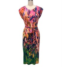 Dena Lyons Plisse Pleat Midi Dress Colorful Belted Resort Stretch VTG Read Sz M