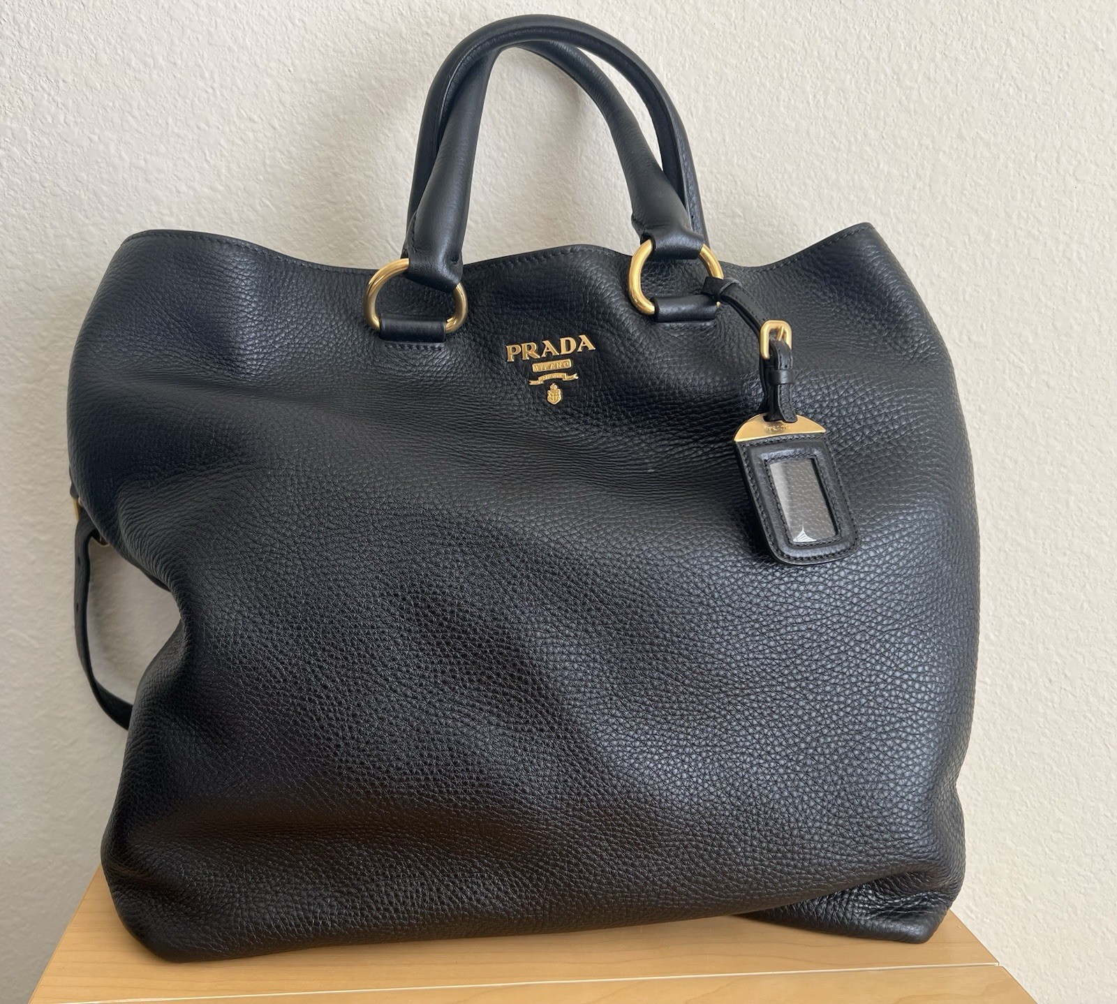 PRADA Vitello Daino Leather Tote Bag Black Shoulder Style Rare image 5