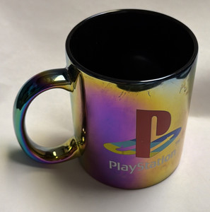 PlayStation Logo Iridescent Mug Oil Slick Color style. Gamer Sony Coffee Cup