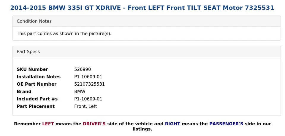 BMW M4 2015-2020 - Motor asiento delantero izquierdo inclinable 7325531 Foto 4 de 4