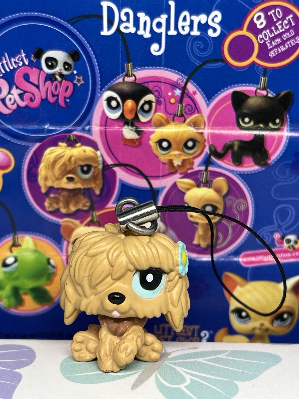 1 Littlest Pet Shop Dangler Tomy Gacha tan blue flower sheepdog