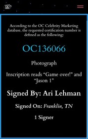 Ari Lehman Signed 8x10 Friday The 13th NES Game Jason Voorhees &ldquo;Game Over&rdquo; COA