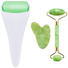 AECW 3-in-1 Natural Jade Roller and Gua Sha Set for Face and Eye Ice Roller F...