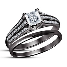 2 CT Princess Lab Created Diamond Bridal Wedding Ring Set 14K Black Gold Over