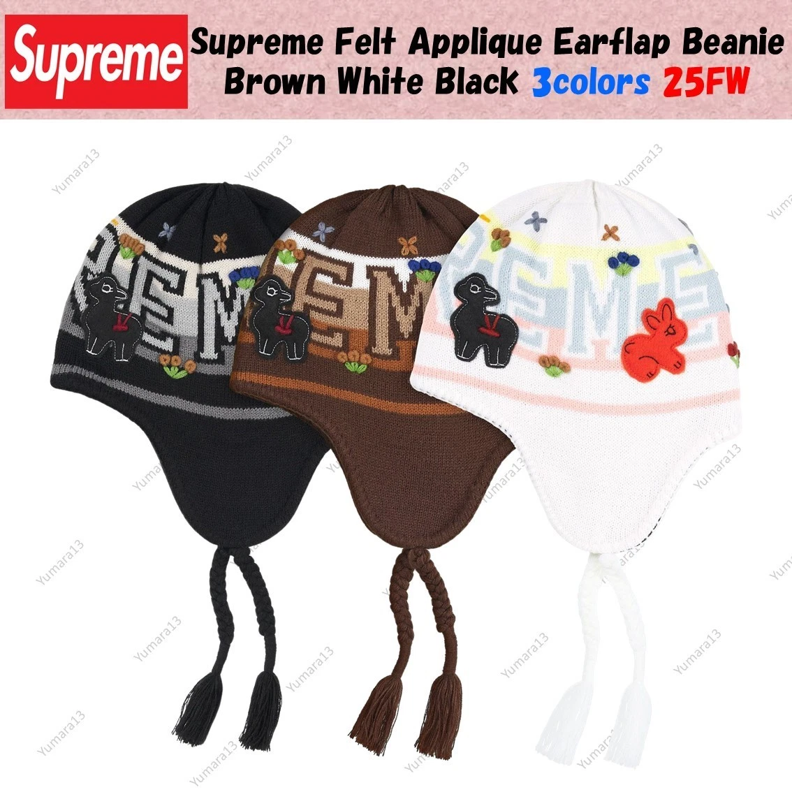 Supreme Felt Applique Earflap Beanie Brown White Black 3colors 25FW