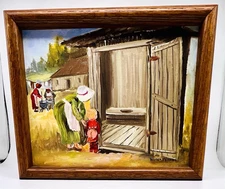 Outhouse Oil Painting Framed Signed Mother & Child Women Washing Laundry Vintage