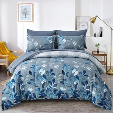 Blue Comforter Set Queen Size 7 Piece Navy Botanical Gradient Leaves Ultra So...
