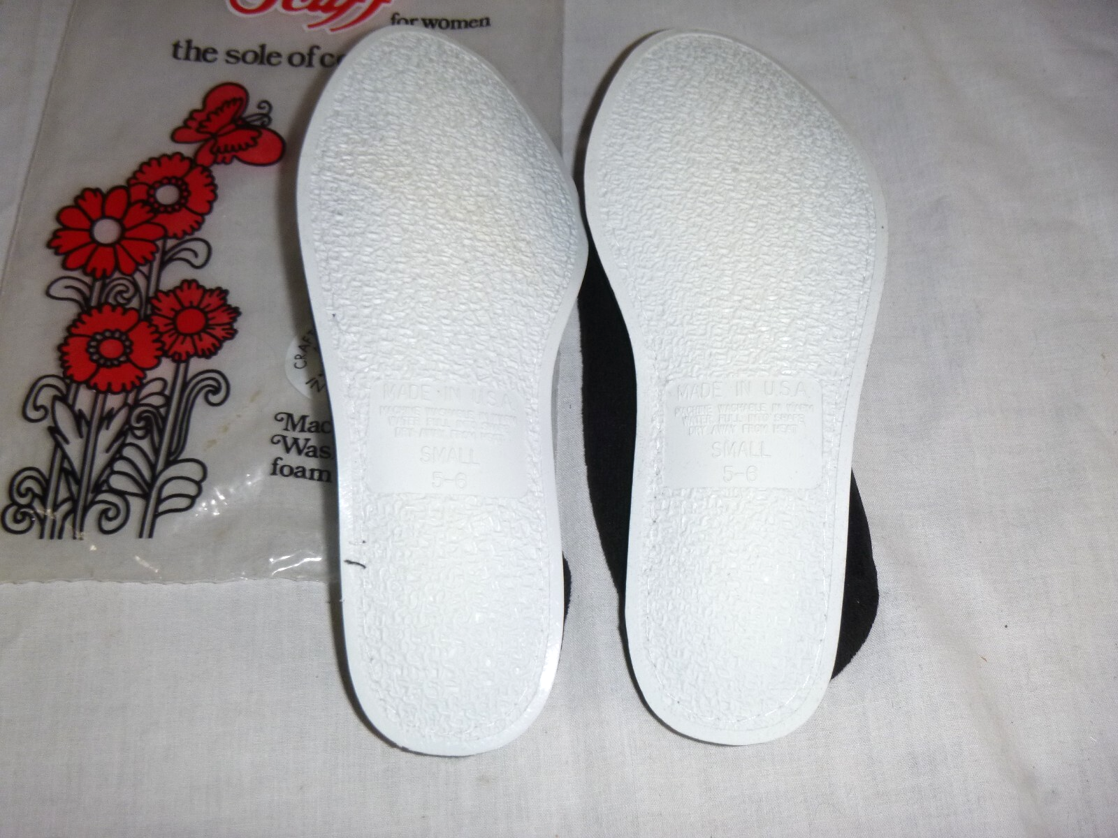 SAOLA NOS Vintage Fluff Scuff Terrycloth Pantofole Suola in Gomma Nero con Fiori Taglia S