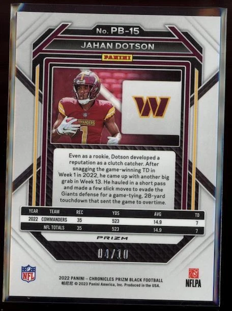 JAHAN DOTSON 2022 Panini Chronicles Prizm Black Gold /10 #PB-15 Rookie - Image 2 of 2