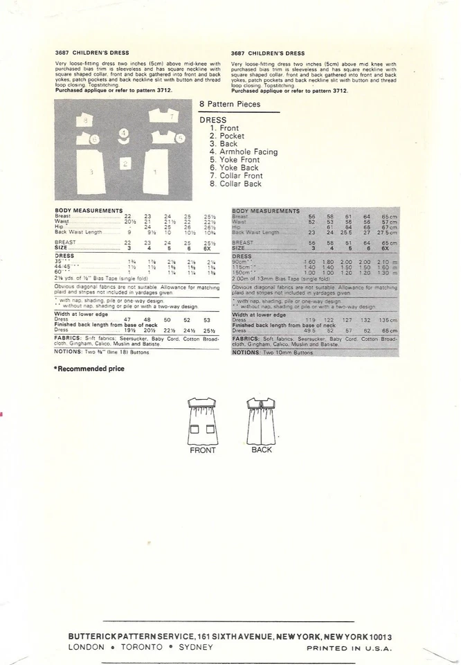 Uncut Butterick Sewing Pattern # 3687 Children's Loose-Fitting Dress Size: 6 - Image 2 of 2