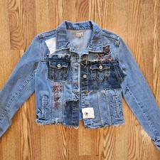 Denim Jean Jacket With Boho Vintage Indian Trim Ribbons Upcycled/recycled Medium