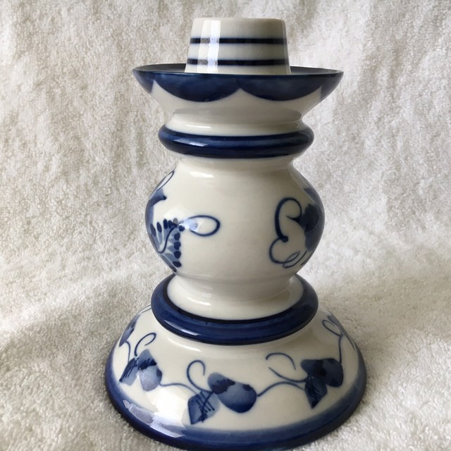Vintage Russian Gzhel Blue and White Ceramic Candle Holder Floral