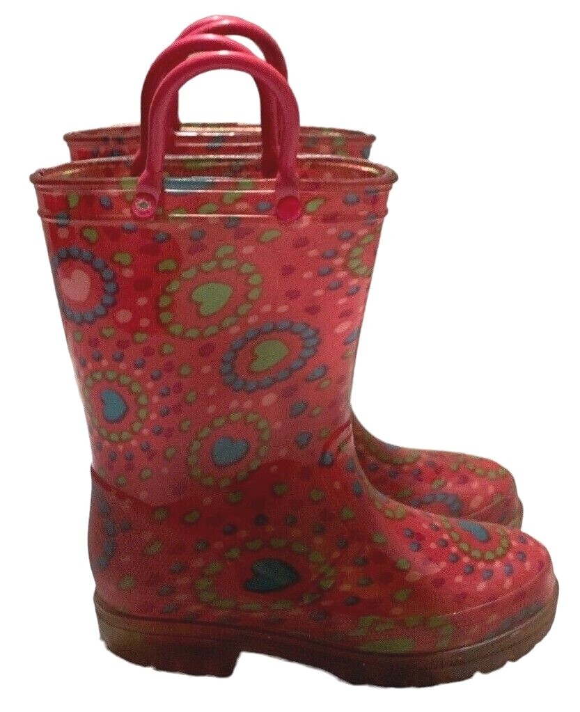 Girls Rain Boots Toddler Size 7/8 Multicolor Hearts Part Leather Sole-image