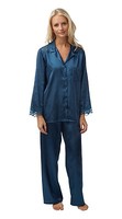 Ladies Charmeuse Satin/Lace Pyjamas Blue Steel Sizes 10/12 & 26/28 - CLEARANCE