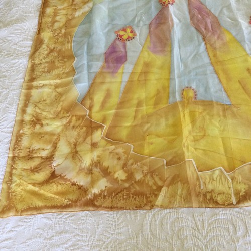 Vintage 34" sq Batik Malaysia Yellow Hand Painted Batik silk scarf floral I31 - Picture 2 of 7