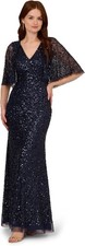 Adrianna Papell Women's Bead Mesh Cape Long Dress, 12,Light Navy
