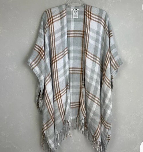 THREE DOTS CASHMERE BLEND WRAP Grey Lousia Plaid Fringe One Size Fits Al NWT $98