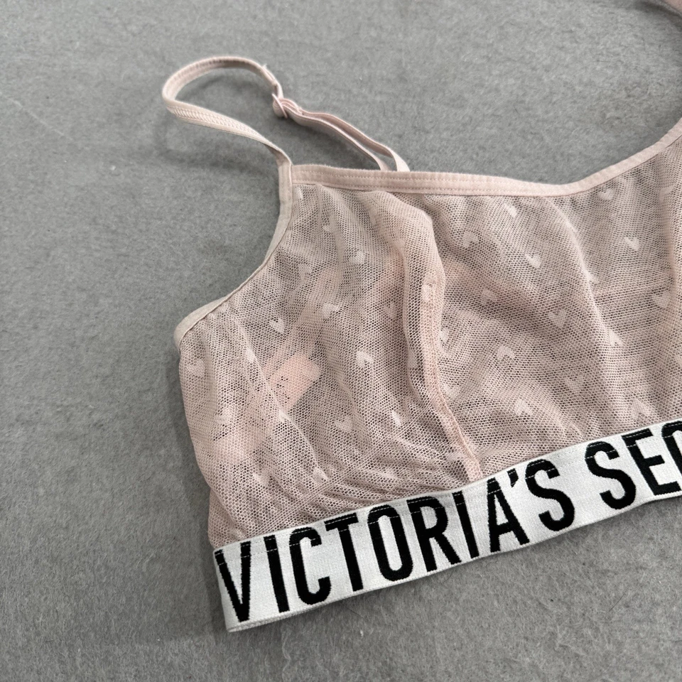 Sujetador Victoria's Secret Bralette Talla M Rosa Malla Transparente Estampado Corazón Coqueta Y2K Foto 3 de 4