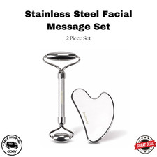Stainless Steel Face Roller Gua Sha Set Facial Massage Tool w/ Bag