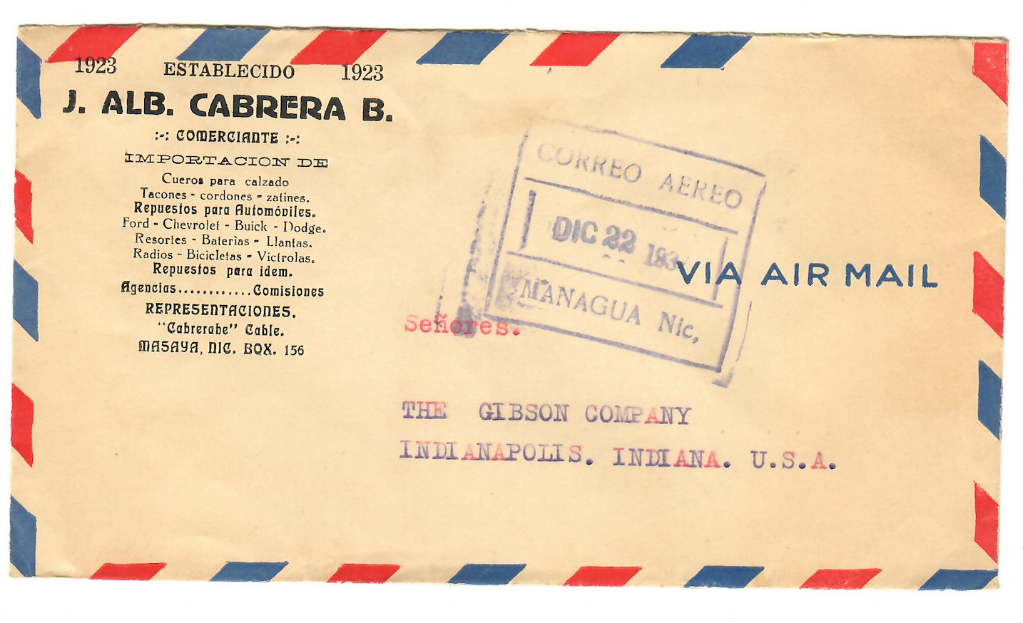 Nicaragua Airmail Cover to USA – Advertising – Multi-Stamp Franking on Back C010