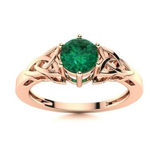 925 Sterling Silver Rose Plated Solitaire 5MM Round Emerald Celtic Women Ring