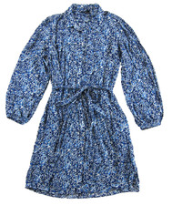 Well Worn Women Crepe Tie-Belt Long Sleeve Button Shirt Dress Blue Floral XXL