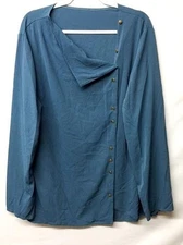 Women's  XXL blue see through long sleeve side buttoned down stretch top
