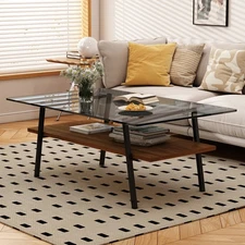 Modern Rectangle Coffee Table, Tempered Glass Tabletop with Black Metal Legs