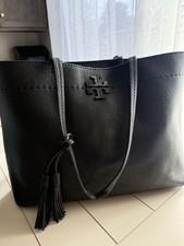 Tory Burch Large Black Pebbled Tote Bag Tassel Charm Gold Hardware Inner Pockets