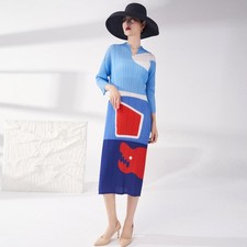 Women's Color Block Abstract Print Pleated Midi Dress V Neck Loose Flowy Dress