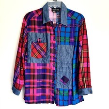 Carole Little Sz 4 Patchwork Shirt Plaid Chambray Button Up Cottage Top Vintage