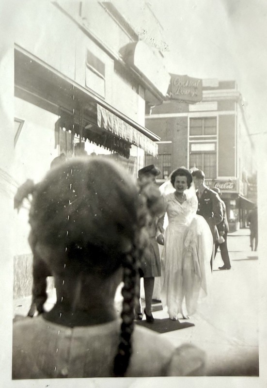 POV Behind Little Girl w Long Braids Close Up Viewing New Bride VTG 1940s Photo