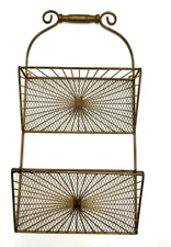 MCM Mesh Wall Metal Magazine/Record Rack Starburst Atomic Gold /Wood Handle