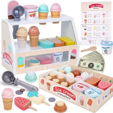 Wooden Ice Cream Counter Playset for Kids Toddler Girl Toys Kitchen Playset Pret