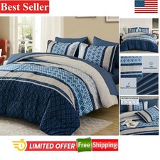 Complete 7-Piece Microfiber Full Comforter Set in Blue Striped Bohemian Design
