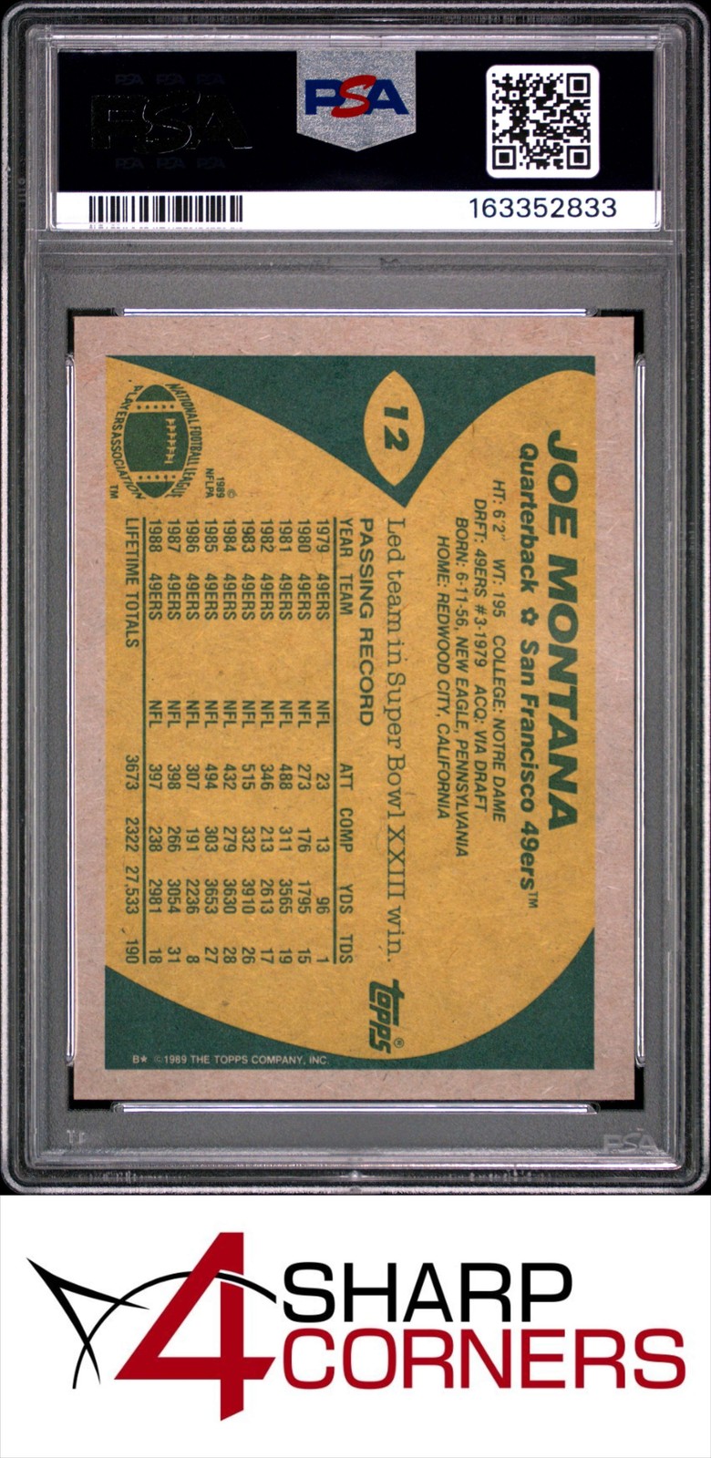 1989 TOPPS #12 JOE MONTANA 49ERS HOF PSA 9 view 2